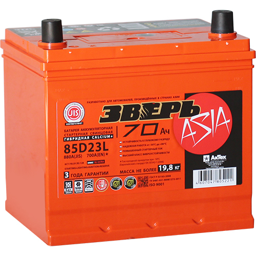Зверь Автомобильный аккумулятор Зверь Asia 70 Ач обратная полярность D23L