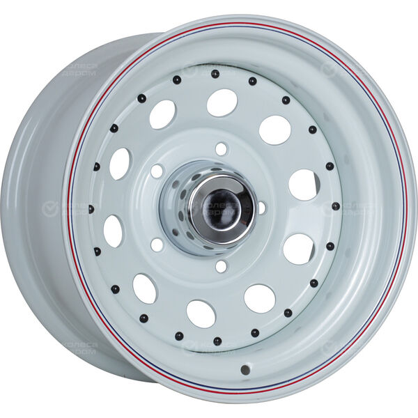 Колесный диск Ikon Wheels SNC028WRBL  8xR15 5x139.7 ET-16 DIA108.7 белый с красной и синей полосой в Челябинске