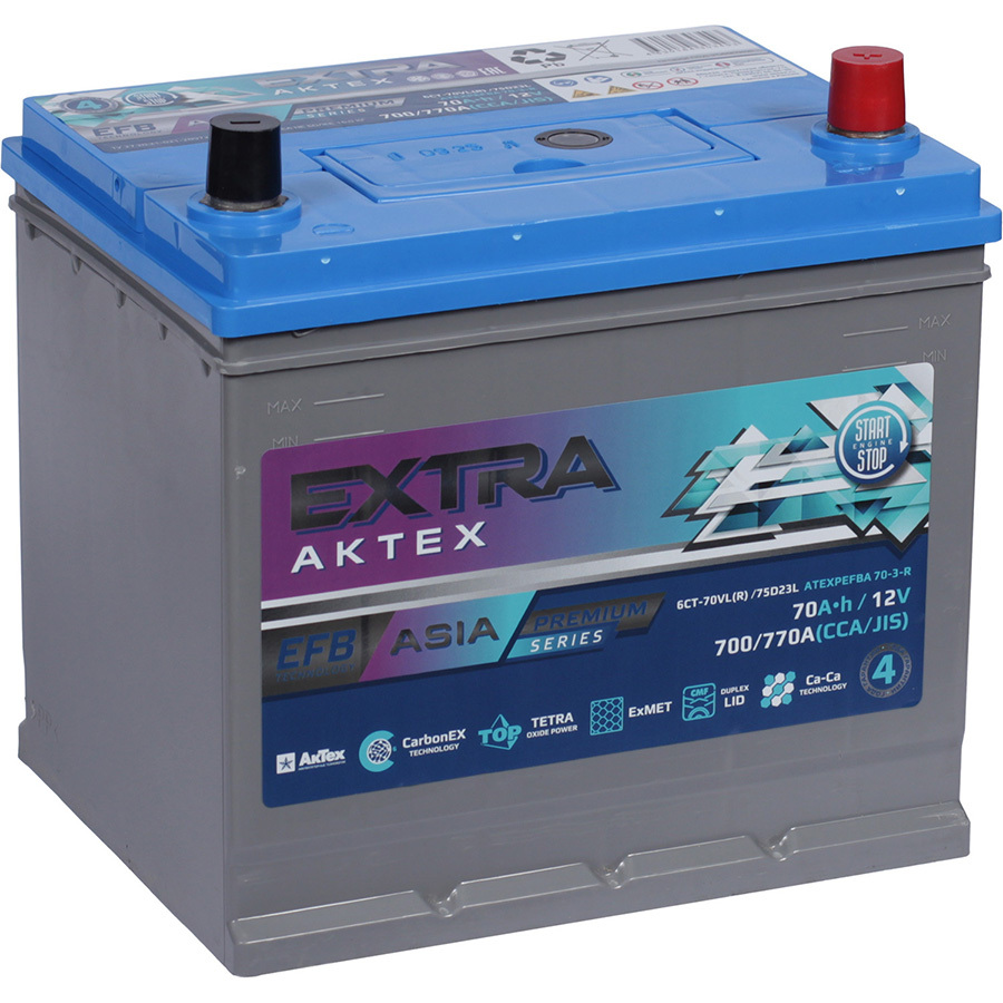 Актех Extra Автомобильный аккумулятор Актех Extra Asia Extra EFB 70 Ач обратная полярность D23L