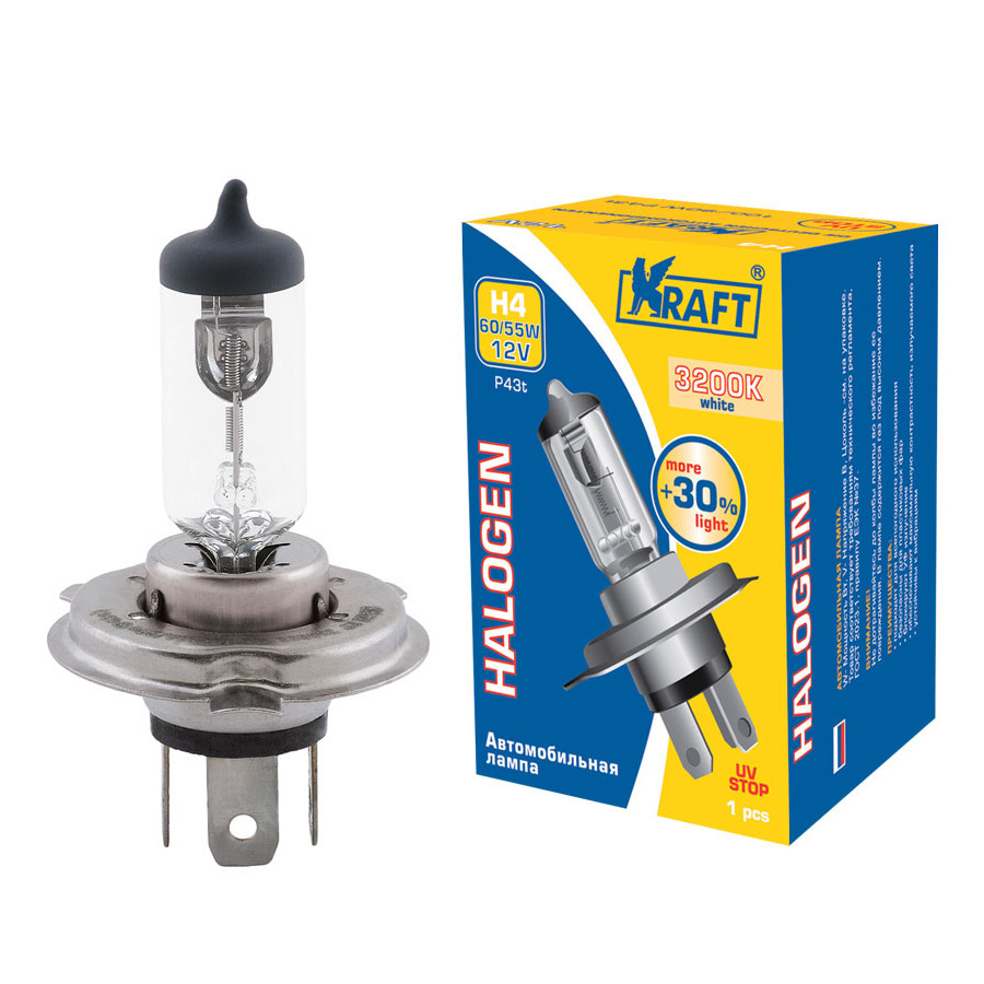 Лампа Kraft More Light +30% - H4-60/55 Вт-3200К, 1 шт.