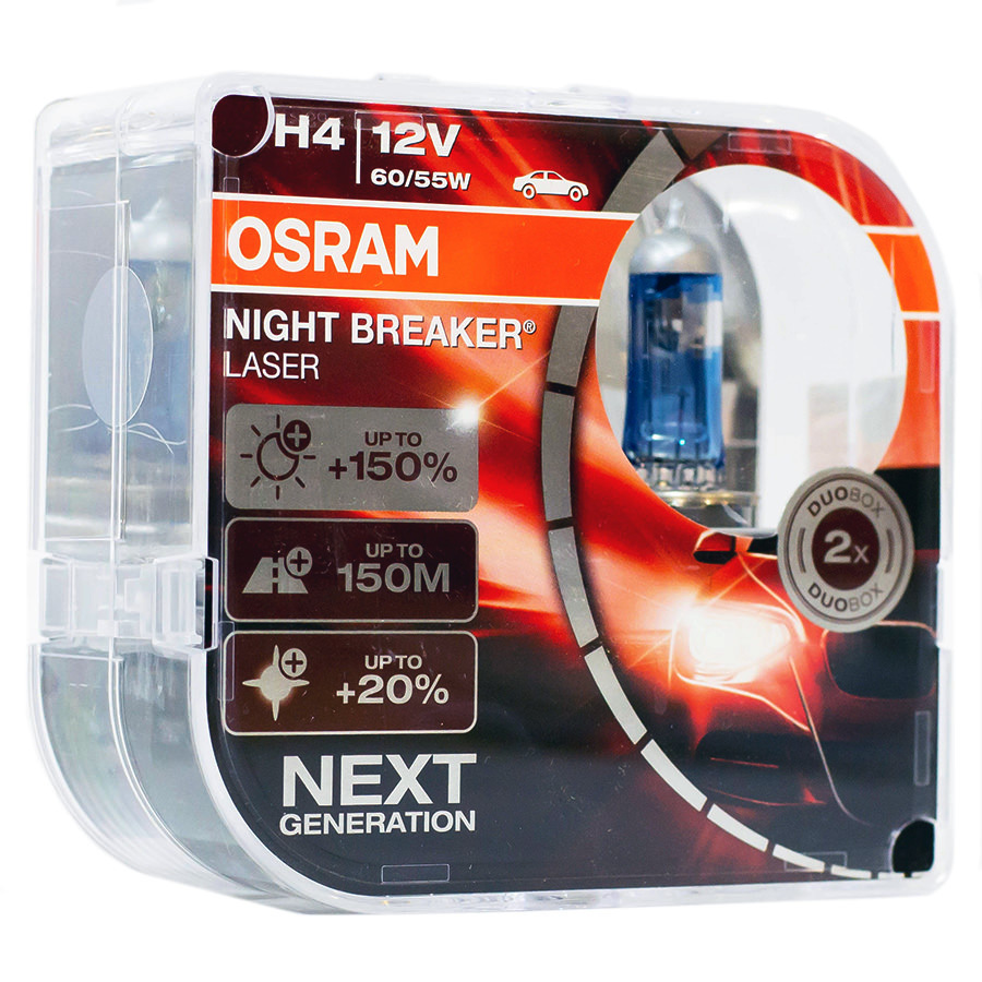 Автолампа OSRAM Лампа OSRAM Night Breaker Laser+150 - H4-55 Вт-3400К, 2 шт. лампа автомобильная osram night laser h4 p43t 12 в 60 55 вт 150% 4050k 64193nl