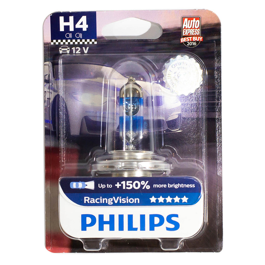 Автолампа PHILIPS Лампа PHILIPS Racing Vision+150 - H4-55 Вт-3500К, 1 шт. автолампа philips лампа philips white vision h4 55 вт 4200к 1 шт