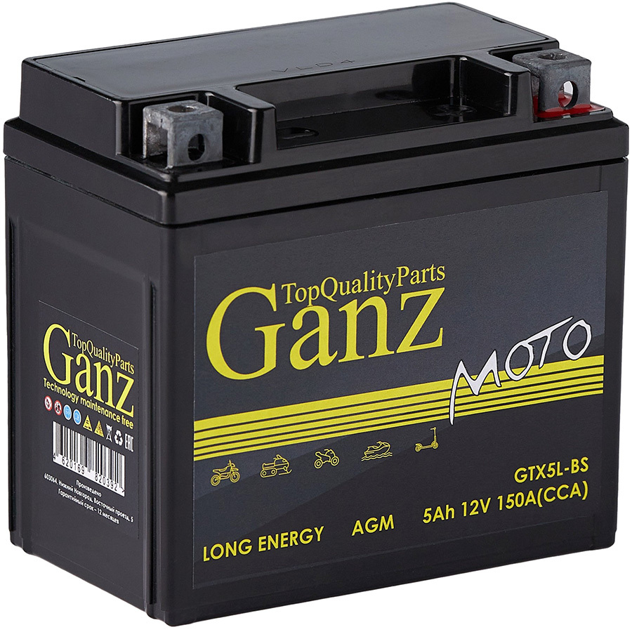 GANZ Мотоаккумулятор GANZ AGM 5Ач, обратная полярность
