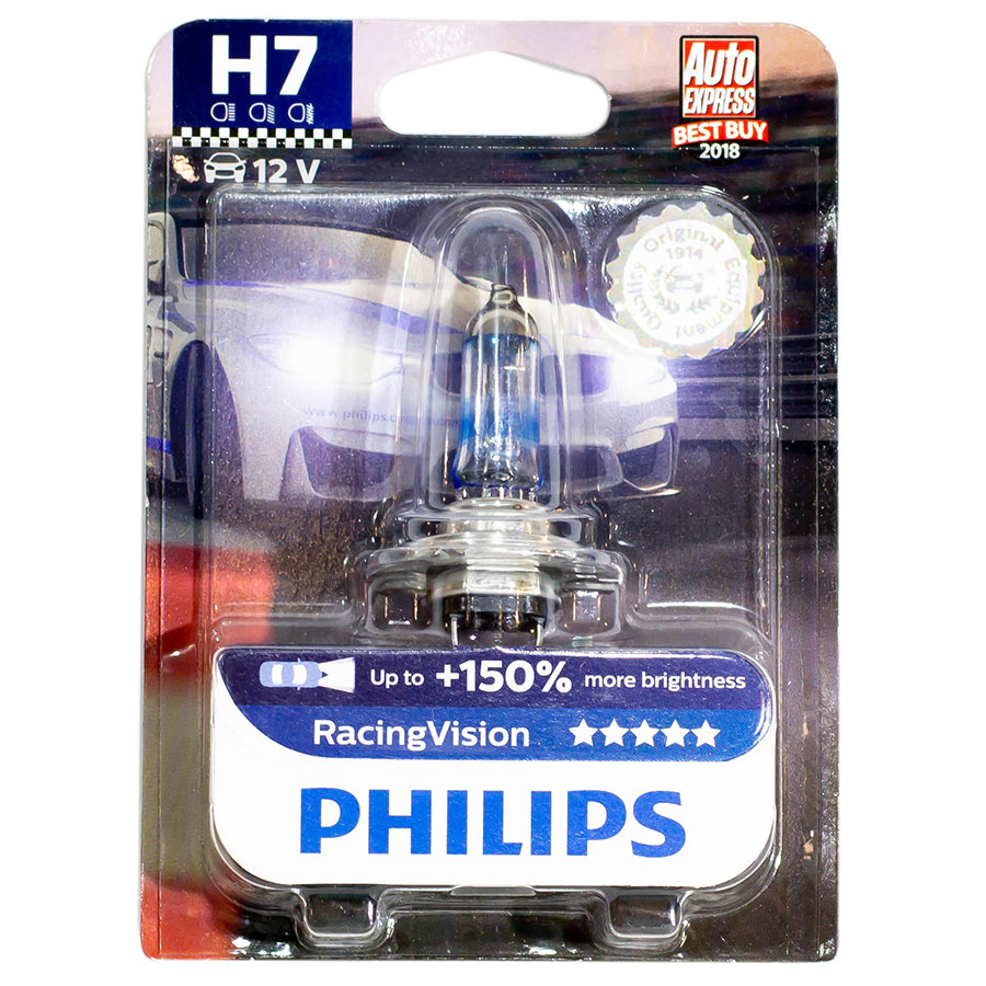 Автолампа PHILIPS Лампа PHILIPS Racing Vision+150 - H7-55 Вт-3500К, 1 шт. автолампа philips лампа philips color vision h4 60 55 вт 3500к 2 шт