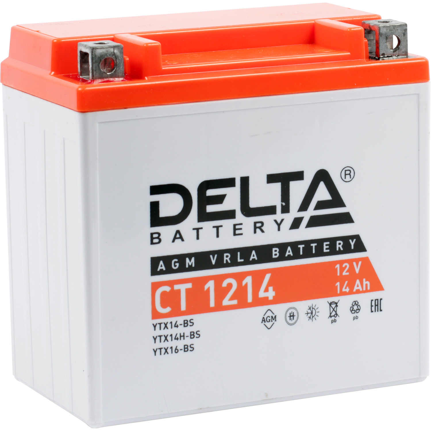 Delta Мотоаккумулятор Delta 1214 AGM YTX14-BS 14Ач, прямая полярность аккумуляторная батарея delta ст1214 ytx14 bs ytx14h bs ytx16 bs yb16b a 12v 14 ач прямая
