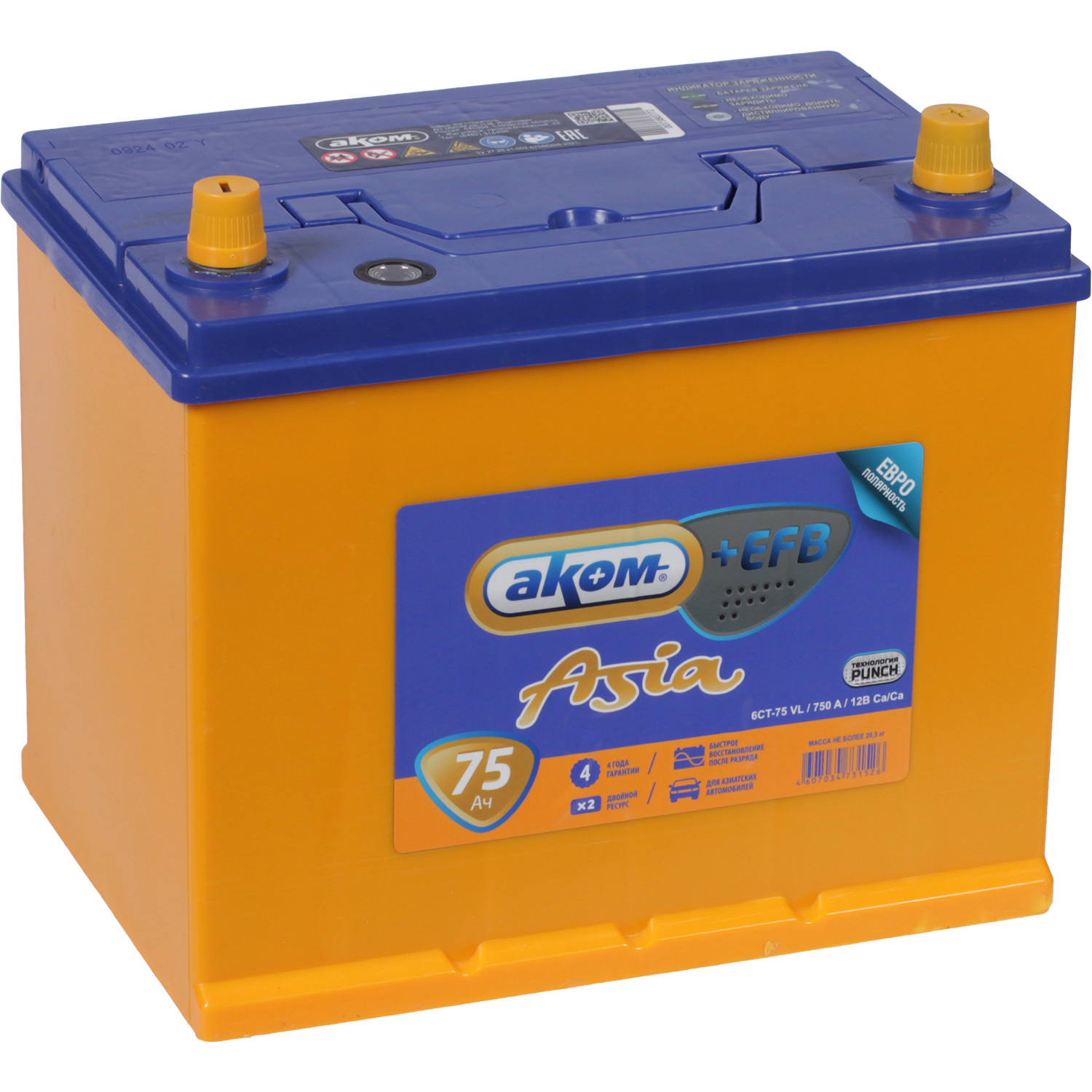 Аком Автомобильный аккумулятор Аком Asia EFB 75 Ач обратная полярность D26L