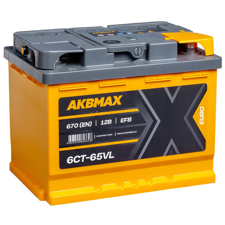 Автомобильный аккумулятор AKBMAX EFB 65 Ач обратная полярность L2