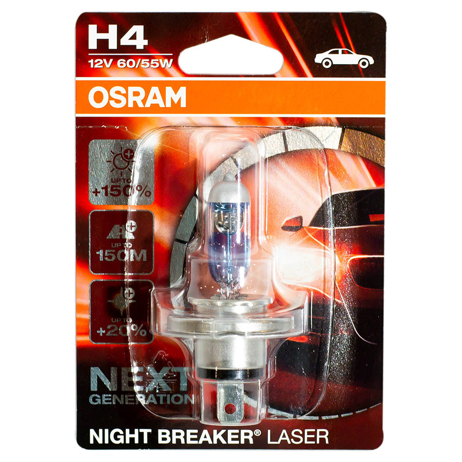 Автолампа OSRAM Лампа OSRAM Night Breaker Laser+150 - H4-55 Вт-3400К, 1 шт. лампа автомобильная osram night breaker laser 150% h4 12 в 60 55 вт 64193nl 01b