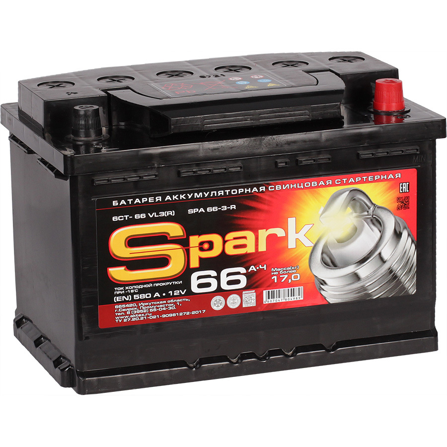Автомобильный аккумулятор Spark 66 Ач обратная полярность L3