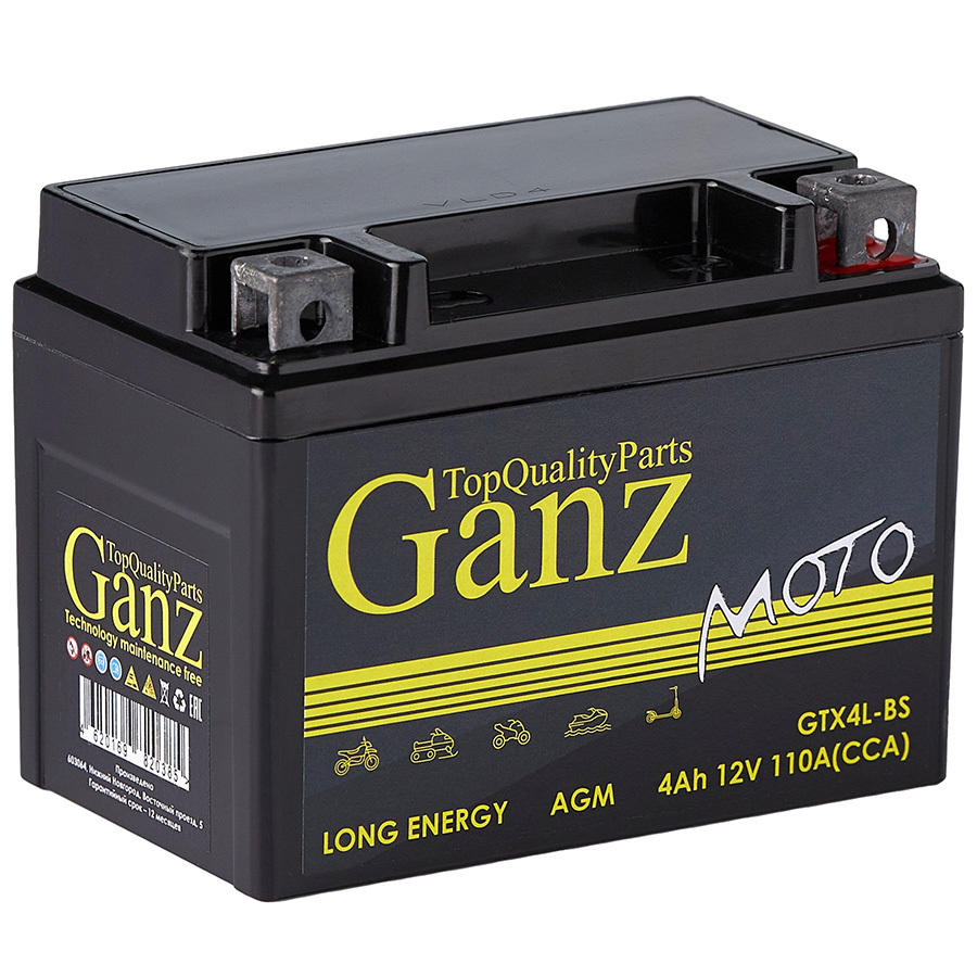 GANZ Мотоаккумулятор GANZ AGM 4Ач, обратная полярность