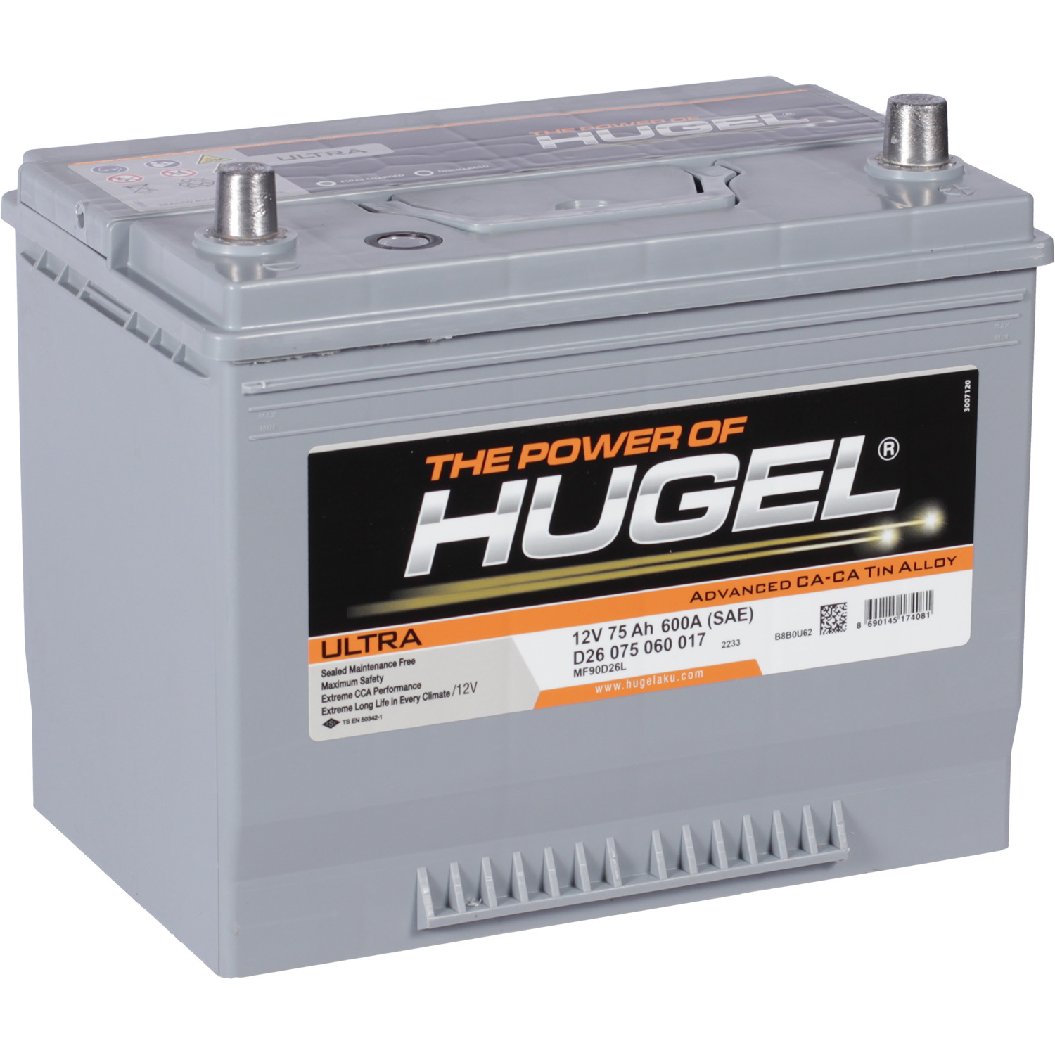 Hugel Автомобильный аккумулятор Hugel 75 Ач обратная полярность D26L exide автомобильный аккумулятор exide 70 ач обратная полярность d26l