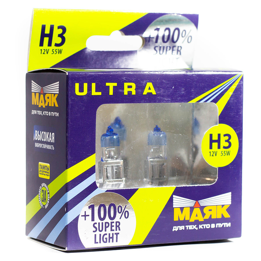 Автолампа Маяк Лампа Маяк Ultra New Super Light+100 - H3-55 Вт, 2 шт. автолампа маяк лампа маяк ultra h3 55 вт 1 шт