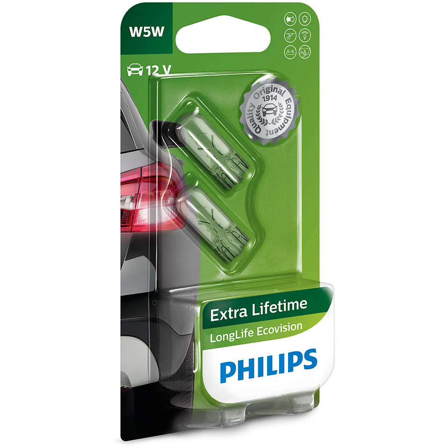 Лампа PHILIPS LL EcoVision - W5W-5 Вт-3100К, 2 шт.