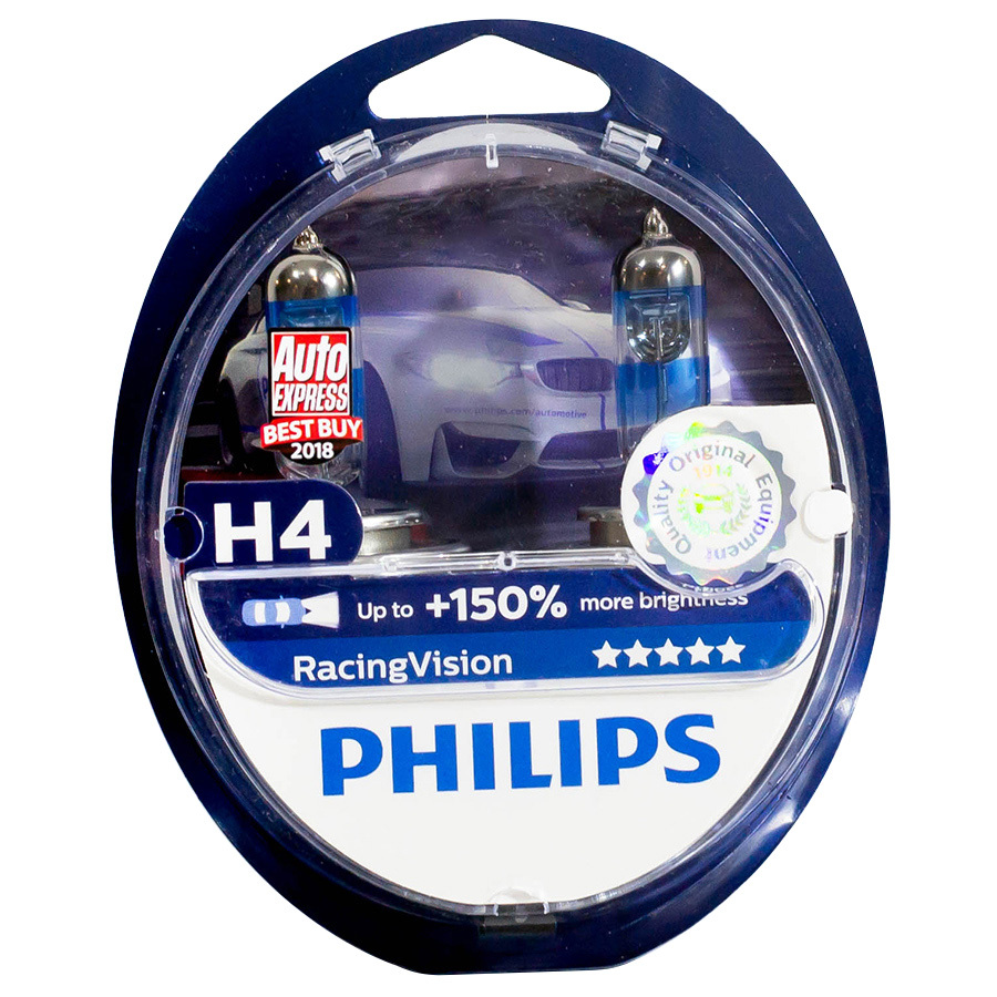 Автолампа PHILIPS Лампа PHILIPS Racing Vision+150 - H4-60/55 Вт-3500К, 2 шт. автолампа philips лампа philips white vision h4 55 вт 4200к 2 шт